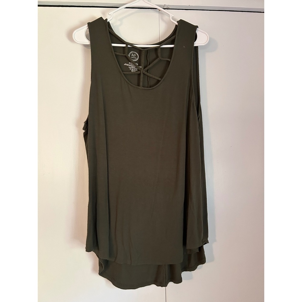 Maurices 24/7 Olive Green Lattice Strappy Neck High Low Tank Top plus Size 1